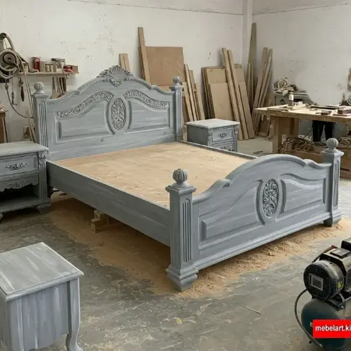 5 by 6 Grey Wooden Bed with side Drawers